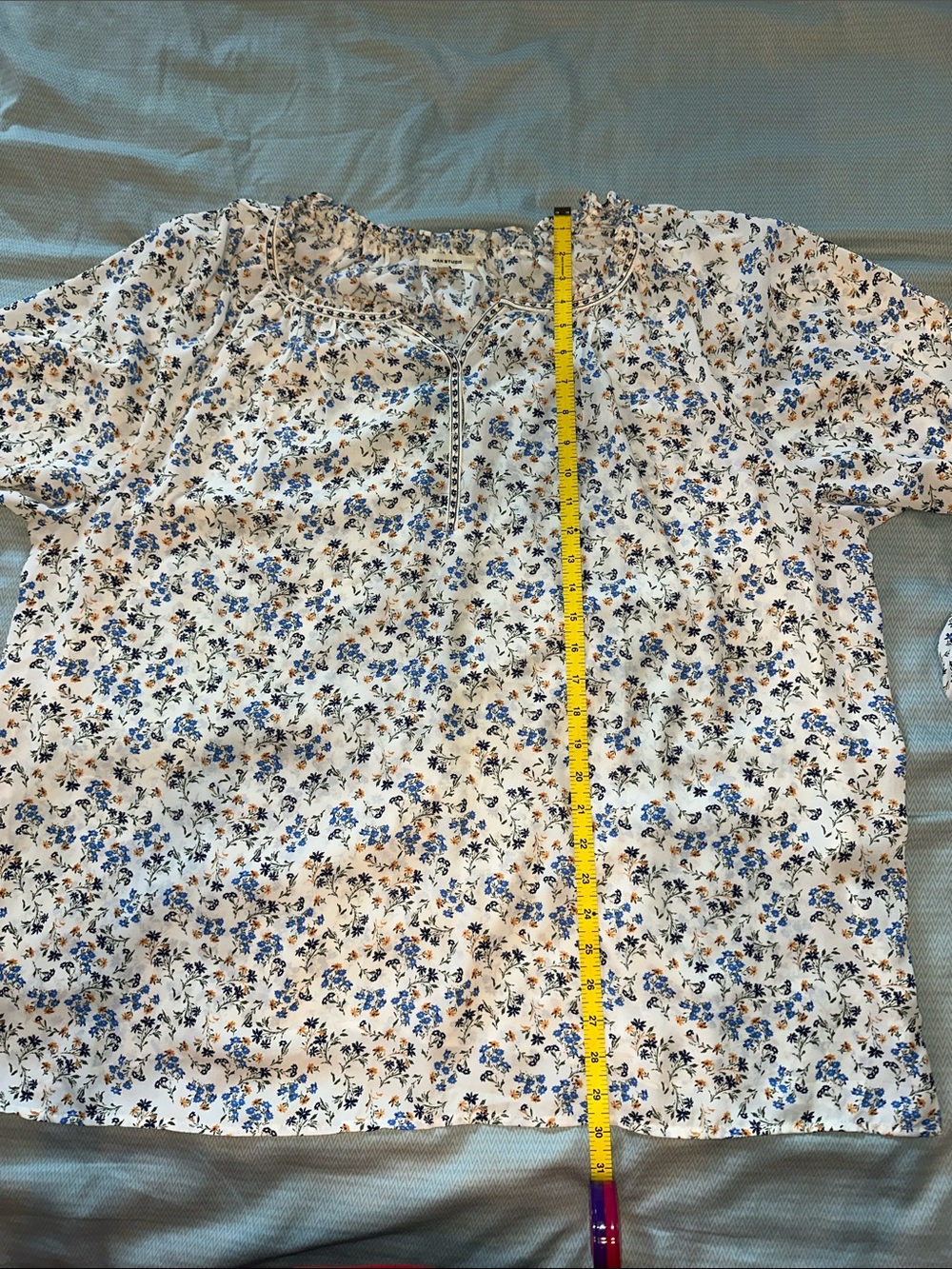 Max Studio White Floral Peasant Blouse with Blue Print - Picture 4 of 9